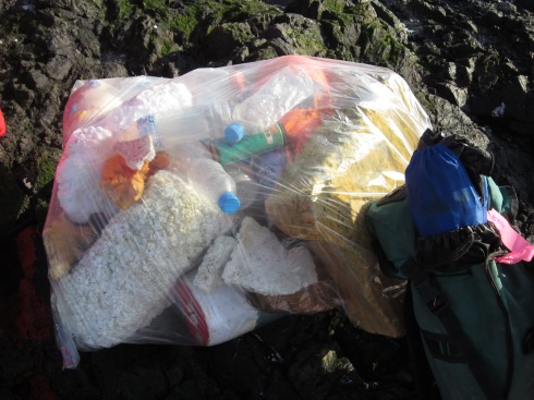 The bag of trash, mostly bottles and polystyrene, we collected from around one end of the island.